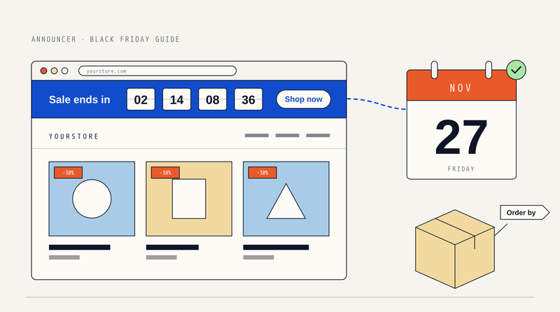 Illustration: a store in a browser window with a blue announcement bar reading Sale ends in above flip-card countdown digits and a Shop now button, a dashed line to a November 27 calendar page, and a parcel tagged Order by.