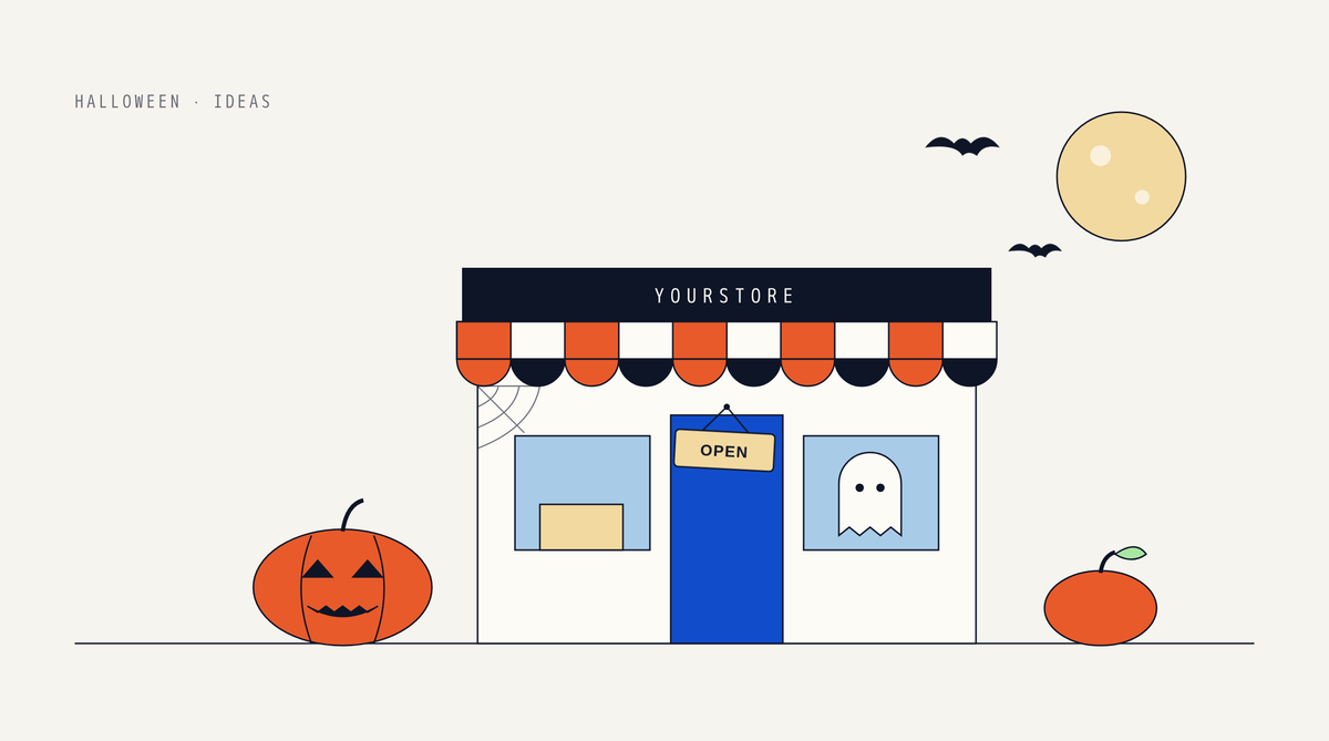 Illustration of a storefront decorated for Halloween with an orange and black striped awning, a cobweb, a ghost in the window and an OPEN sign, flanked by a carved pumpkin and a small pumpkin under a full moon with two bats