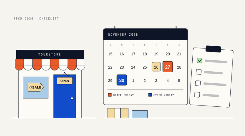 Illustration: a storefront with a striped awning and a SALE tag in the window beside a November 2026 calendar with the 26th, Black Friday the 27th and Cyber Monday the 30th highlighted, a checklist clipboard and parcels.