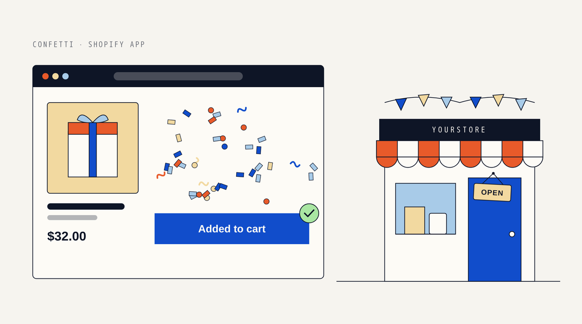 Illustration of a product page with an Added to cart button and a burst of confetti above it, next to a storefront with an orange striped awning, bunting and a hanging OPEN sign