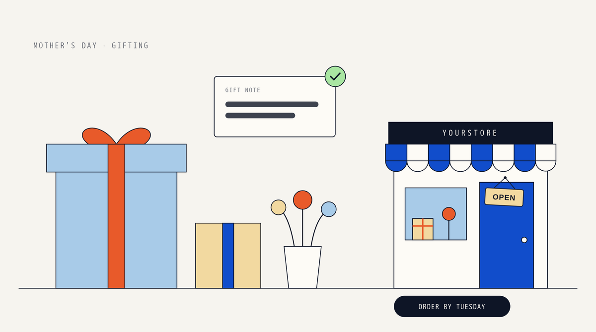 Illustration of a large blue gift box with an orange ribbon, a smaller wrapped box, a vase of flowers and a Gift note card with a green check, beside a storefront with an OPEN sign and an Order by Tuesday label