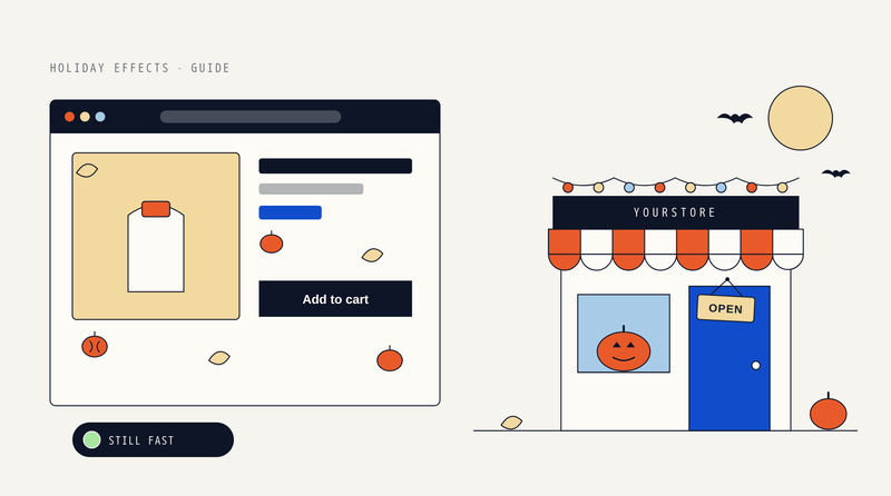 Illustration: a product page with pumpkins and autumn leaves falling past the Add to cart button and a Still fast badge, next to a storefront with an orange striped awning, string lights, a carved pumpkin, bats and a full moon.