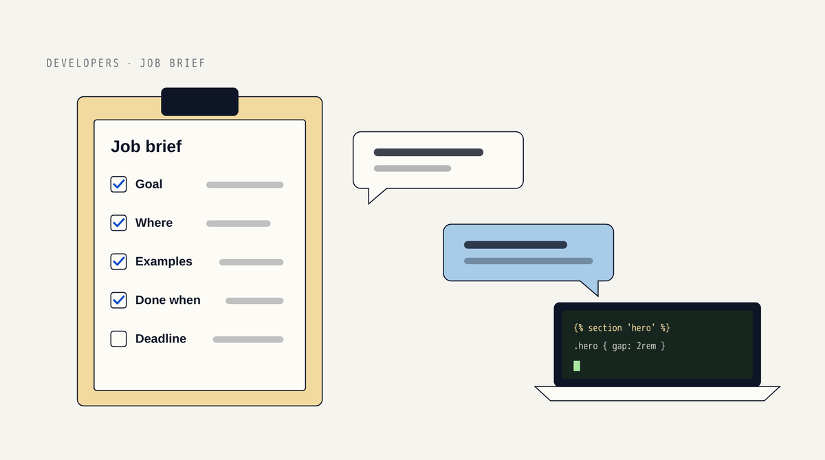 Illustration of a clipboard holding a job brief checklist with Goal, Where, Examples, Done when and Deadline, two chat bubbles, and a laptop showing theme code
