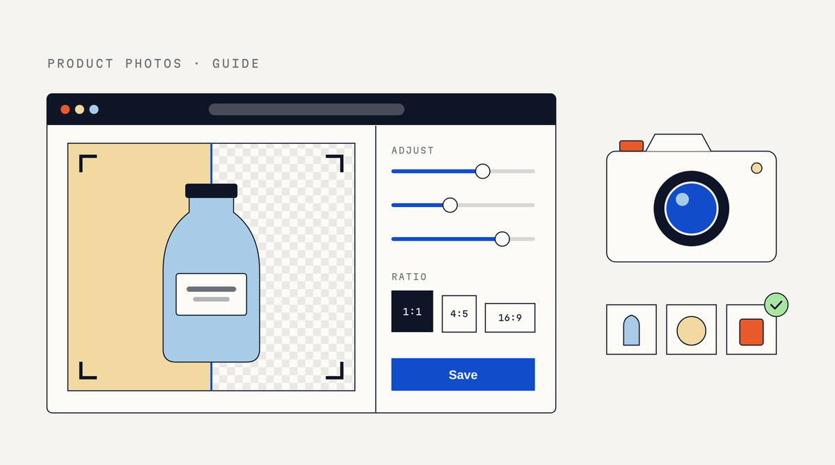 Illustration of a photo editor window showing a bottle with crop corners, half its background removed to a transparent checkerboard, adjustment sliders, 1:1, 4:5 and 16:9 ratio buttons and a Save button.
