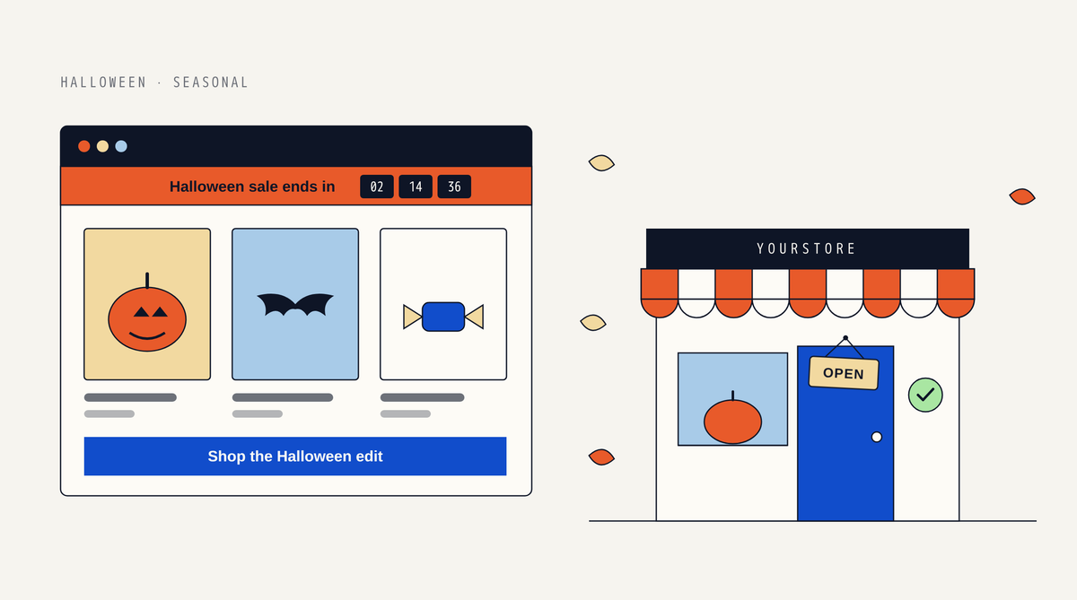 Illustration of a storefront browser window with an orange announcement bar reading Halloween sale ends in and a countdown, product tiles with a pumpkin, a bat and a candy, and a storefront with an orange striped awning.