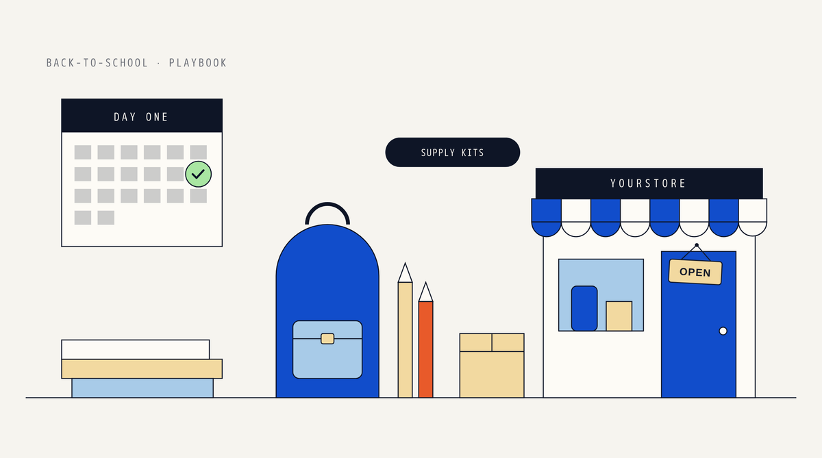 Illustration of a calendar labeled Day One with a green check, a stack of notebooks, a blue backpack, two pencils and a supply kit box beside a storefront with a striped awning and OPEN sign