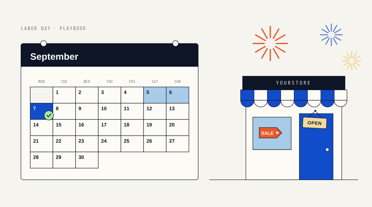 Illustration of a September calendar with Monday the 7th highlighted and the weekend before shaded, next to a storefront with a striped awning, a SALE tag in the window, an OPEN sign and fireworks overhead
