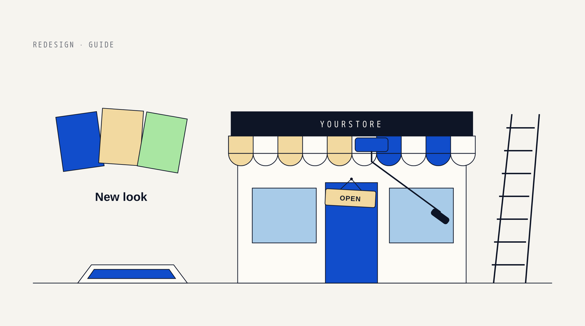 Illustration of a storefront being repainted, with half of its striped awning in sand and half in blue, a paint roller on the awning, a ladder, a paint tray and three color swatch cards labelled New look