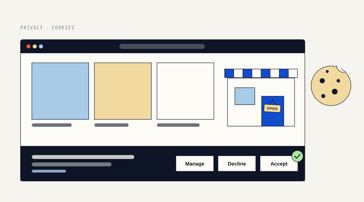 Illustration of a browser showing a storefront page with a dark cookie bar along the bottom offering Manage, Decline and Accept buttons of equal size, a green check by Accept, and a round cookie with a bite taken out beside the window