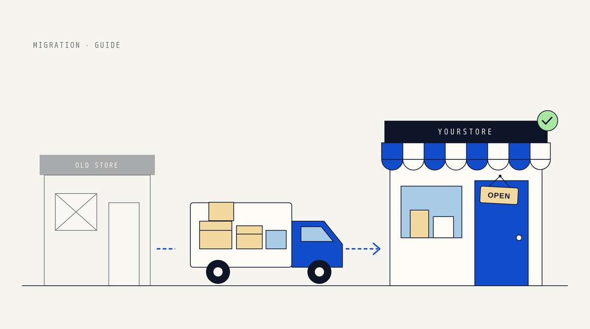 Illustration of a faded old store on the left, a delivery truck loaded with boxes in the middle, and a new storefront with a striped awning and OPEN sign on the right, joined by a dotted arrow