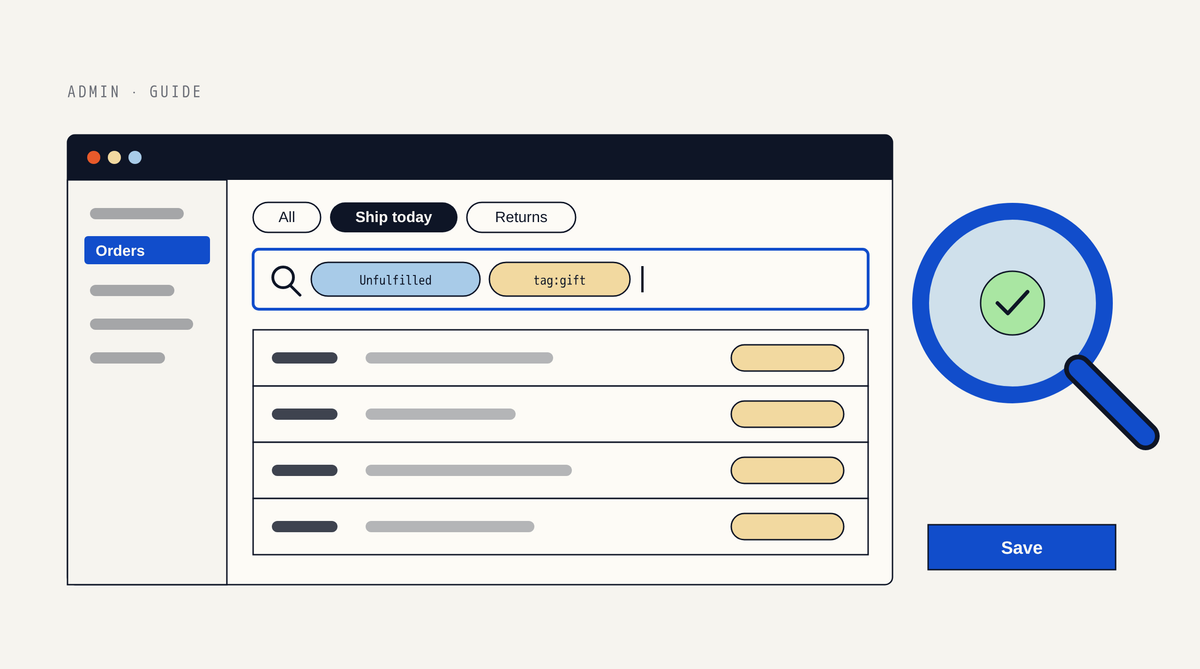 Illustration of a Shopify admin Orders page with saved views called All, Ship today and Returns, a search bar holding Unfulfilled and tag:gift filter chips, a large magnifying glass with a check mark, and a Save button