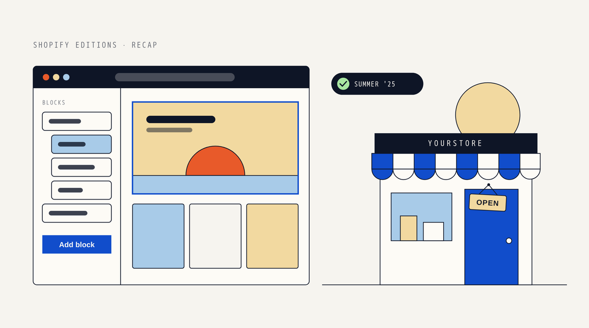 Illustration of a Shopify theme editor window with a blocks sidebar and a sunrise banner block selected, next to a storefront with a striped awning, an OPEN sign and a Summer '25 badge
