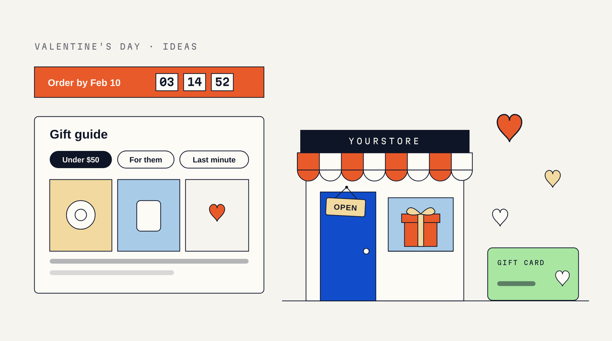 Illustration of a storefront with a red and white striped awning, an OPEN sign and a gift box in the window, next to an announcement bar reading Order by Feb 10 with a countdown, a gift guide with Under $50.