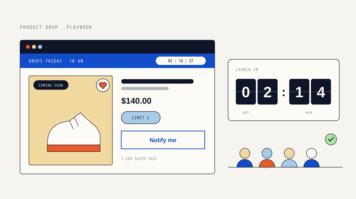 Illustration of a product page with a countdown announcement bar, a Coming soon sneaker with a wishlist heart, a Limit 2 label and a Notify me button, next to a flip clock and a line of shoppers