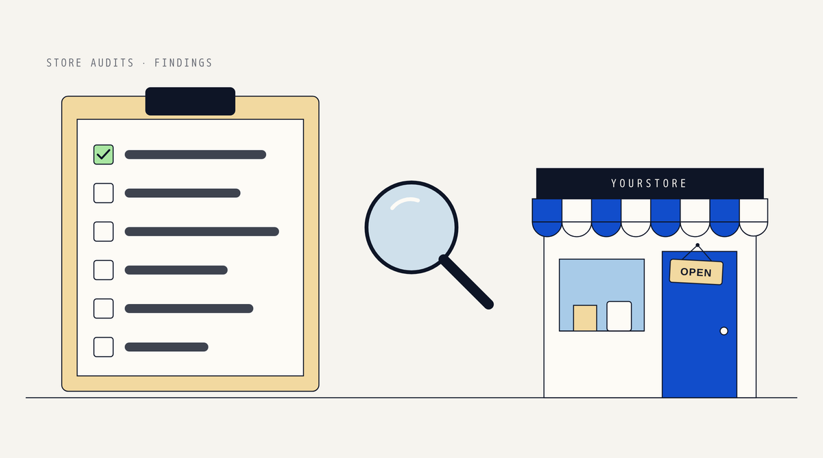 Illustration of a clipboard checklist with the first item ticked in green, a magnifying glass, and a storefront with a striped awning and an OPEN sign