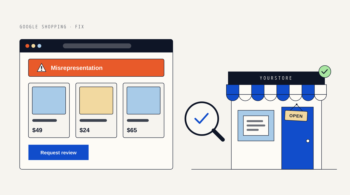 Illustration of a Merchant Center style window with an orange Misrepresentation warning banner above three product listings and a Request review button, beside a magnifying glass with a check mark and a storefront with an OPEN sign