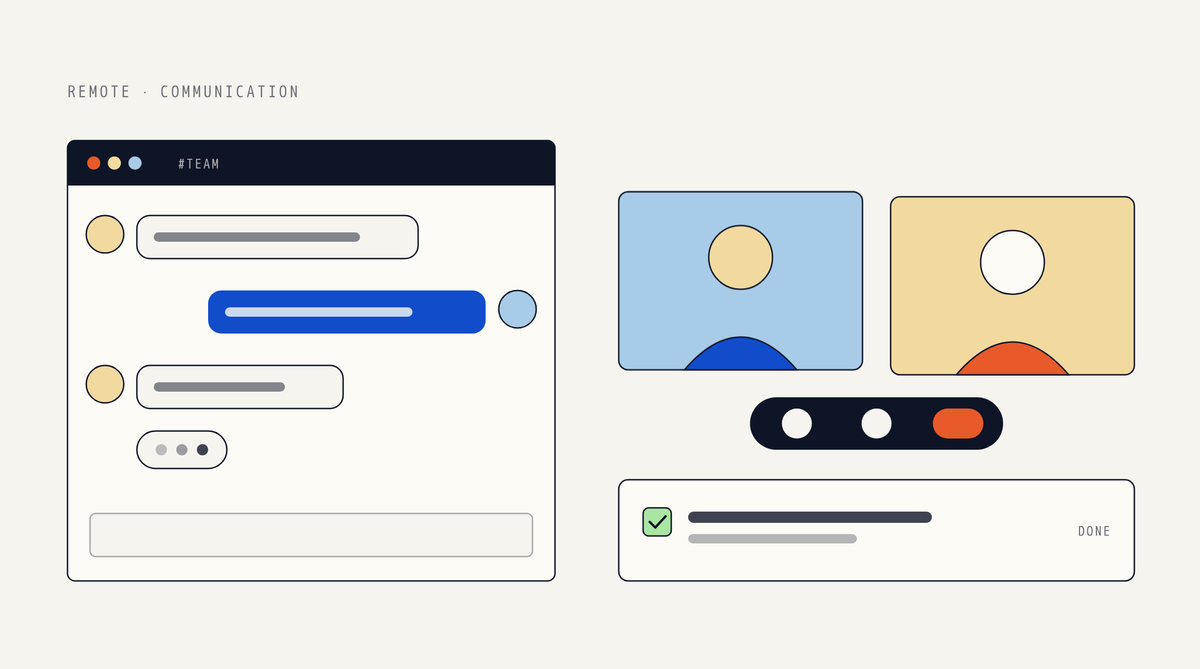 Illustration of a team chat window with message bubbles and a typing indicator, two video call tiles with call controls, and a task card ticked done